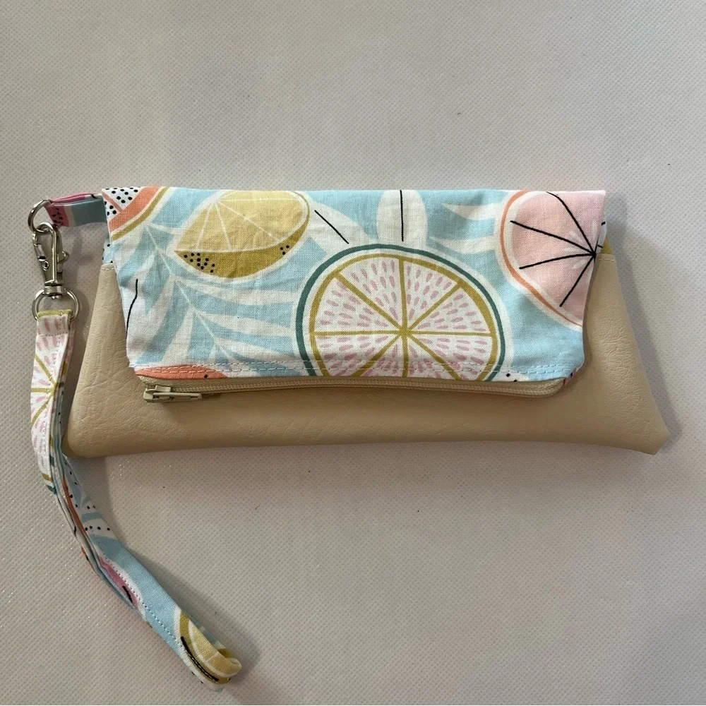 Handmade Fold Over Mini Clutch Wristlet Bag Fruit Fabric Faux Leather